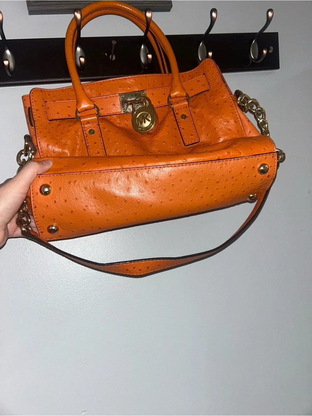 Michael Kors Orange Textured Leather Satchel with Gold-Tone Lock